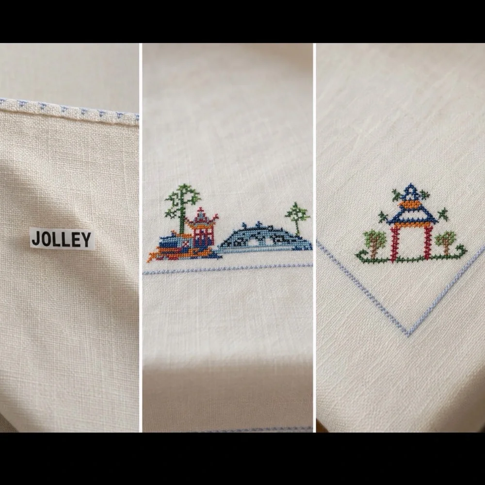 Vintage Hand Embroidered Linen Table Topper 32” Square Asian Pagoda Bridge